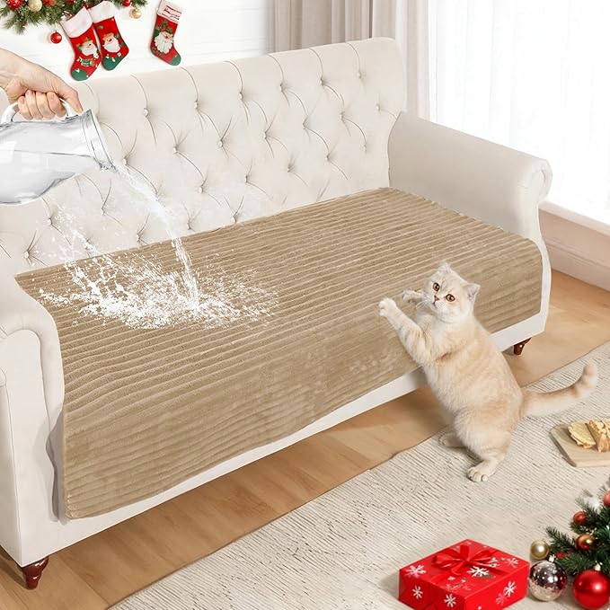 NAISI Couch Covers for Dogs Waterproof Flannel Striped Sofa Cover Pet Friendly Washable Dog Mat for Couch Anti Slip Sectional Sofa Slipcover Protector(1pc/35"x 70",Camel) by NAISI