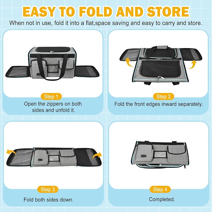 HUANLANG Large Cat Carrier Soft Sided Travel Pet Carrier Airline Approved | Dog Carriers for Small Dogs Medium Cats,Collapsible,3 Storage,zipper lock,Reflective strips,Luggage Strap, Up to 15 Lbs, Grey - Image 9