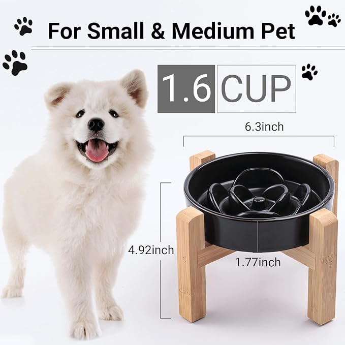 Ceramic Slow Feeder/Dog Bowl for Small Medium Dogs,Elevated/Raised Slow Feeding Dog Food Water Dish Heavy Weighted,Puzzle Eating Bow (Black, 8.26in) - Image 2