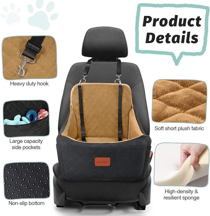 Lealchum Dog car seat for Medium Dogs,Easy to Install with Adjustable Straps,Anti Slip Bottom pet car Bed,Fully Detachable and Washable pet Travel Bed (Black/Coffee, Medium) - Image 2
