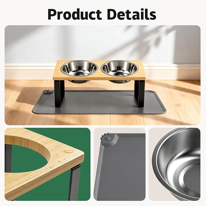 Elevated Tilted Cat Food Bowls with Mat, 304 Stainless Steel 2 Water Bowls1 | 15° tilted elevated cat feeder anti-vomiting, reduces whisker fatigue; 2 detachable stainless bowls fit cats & small dogs - Image 6