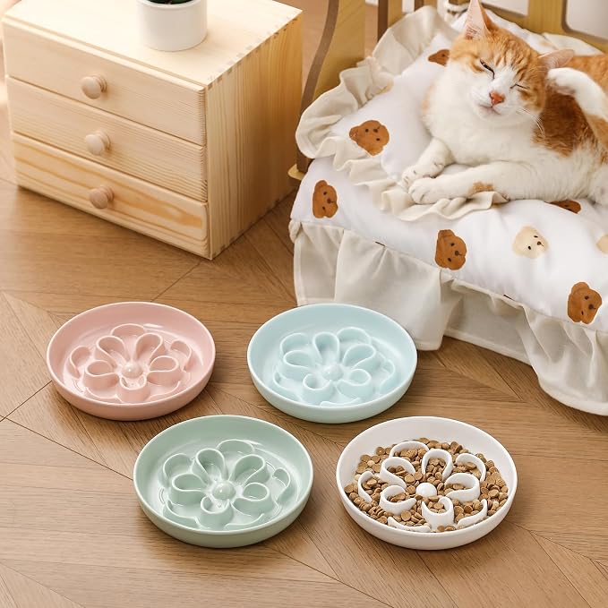 Melamine Cat Slow Feeder Bowl Set - Floral Maze Food Dishes for Cats and Small Dogs - Shallow Wide Plates for Dry & Wet Food - 3 Pack - White & Pink & Blue - Image 7
