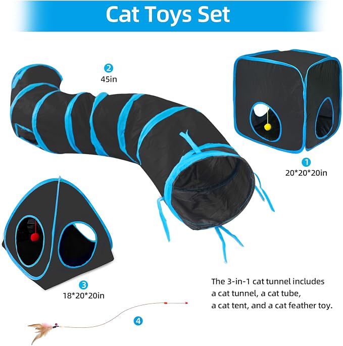 Cat Tunnels for Indoor Cats with Tent Cube and Feather Toy Collapsible Combo, Pop Up Cat Play Tunnel with Interactive Cat Toy Ball for Kitten, Ferret, Puppy, Guinea Pig, Rabbit, Bunny, Blue - Image 2