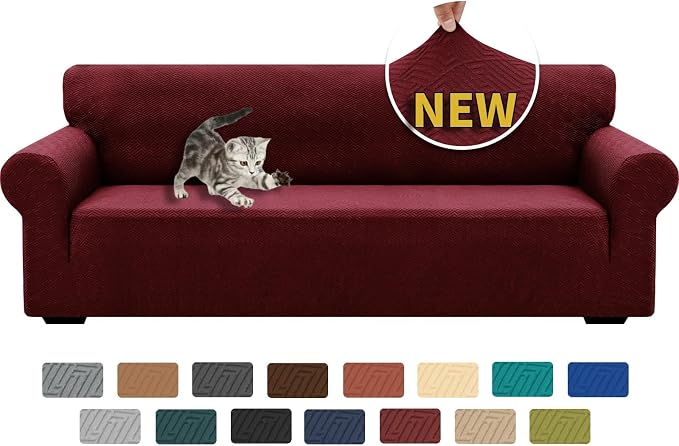XINEAGE Stretch Jacquard XL Sofa Cover, Non Slip Sofa Slipcover for Dog | High-Stretch Fabric. Wear-Resistant, Pet Friendly. Easy Install & Washable for Living Rooms, Offices.Wine Red by XINEAGE