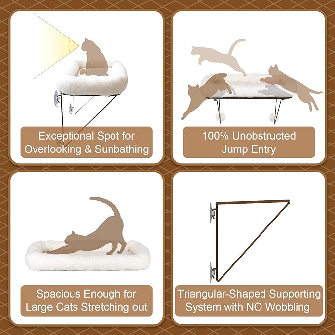 Zakkart Cat Window Perch - 100% Metal Supported from Below - Comes with Warm Spacious Pet Bed - Cat Window Hammock for Large Cats & Kittens - for Sunbathing, Napping & Overlooking (White) - Image 5