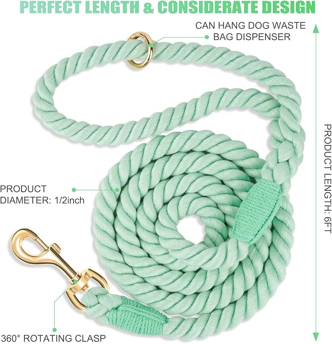 6 FT Handmade Rope Dog Leash for Small Medium and Large Dogs | Soft and Comfortable Grip, New Golden Heavy Duty Metal Clasp, Light Green - Image 2