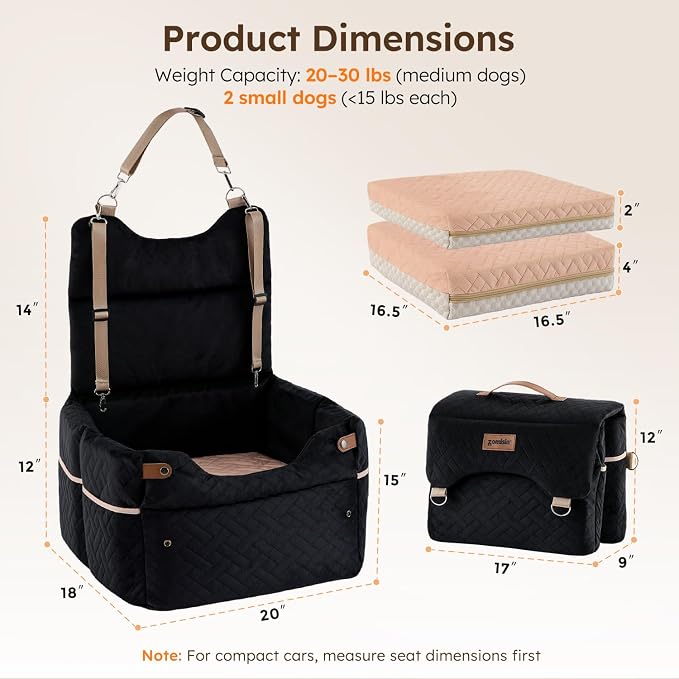 ZOMISIA Elevated Dog Car Seat for Medium Dogs, 3 Adjustable Heights with 2 Egg Crate Foam Boosters 4"+2", Dual-Sided Cooling&Plush Waterproof Cover, 2 Safety Leashes & Buckles, Beige - Image 2