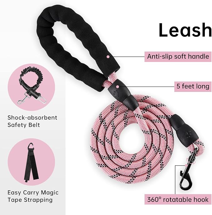 IVY&LANE No Pull Dog Harness for Medium Dogs, Dog Vest Harness with Leash, Safety Belt and Storage Strap, Fully Adjustable Harness, 360° Reflective Strip, Soft Handle (Pink, M) - Image 3