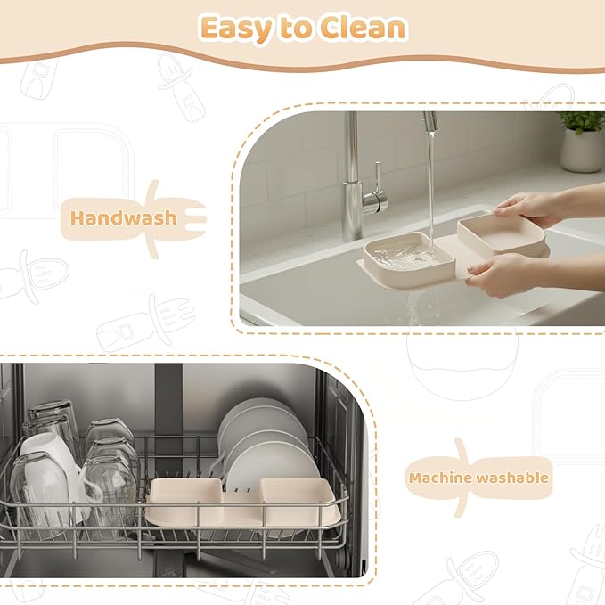 Beige Travel Silicone Foldable Feeding Set, On-the-Go Baby Feeding Supplies Including Toddler Plates, Silicone Baby Spoon&Fork, Adjustable Foldable Bib, Portable Infant Toddler Utensils - Image 7