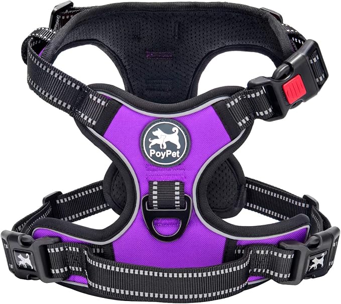 PoyPet No Pull Dog Harness Small with Front Clip & Neck Release Buckle | No Choke, Adjustable Vest, Reflective, Back Clip, Lockable, Soft Padded, Easy Control Handle for Walking Training, S, Purple by PoyPet