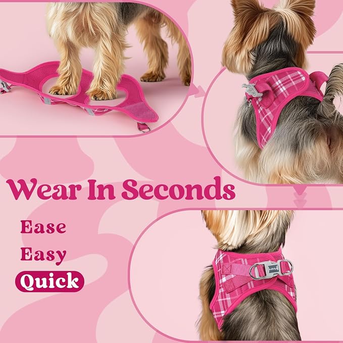 rabbitgoo Step-in Small Dog Harness, Puppy Vest for Small Medium Sized Pet | Easy Put on and off, Lightweight, Soft, Breathable Quick-Dry Air Mesh for Comfortable Secure Walking, Rose Red Plaid L - Image 5