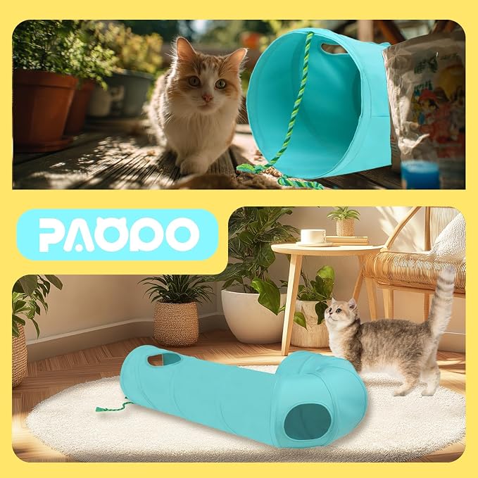 Cat Tunnel, 2-Way Collapsible Cat Tube with Interactive Peek-A-Boo Hole, Toy Ball, and Rope – Ideal for Indoor Cats, Kittens, and Rabbits (Light Blue) - Image 5