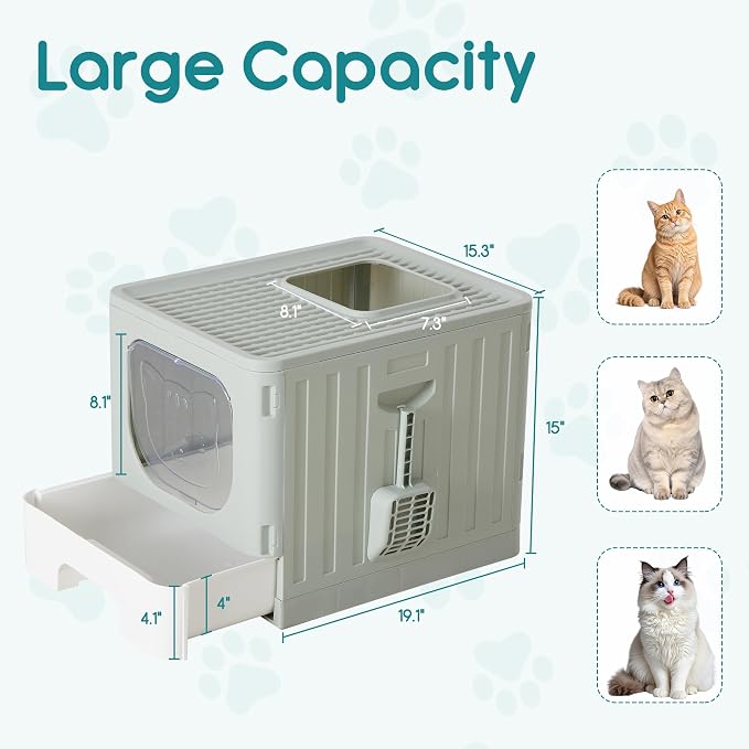 OLIXIS Cat Litter Box with Lid, Large Foldable Cat Box with Scoop, Front Entry Top Exit Kitty Litter Boxs with Door, Easy Cleaning Drawer Design Odor Control, Grey - Image 2