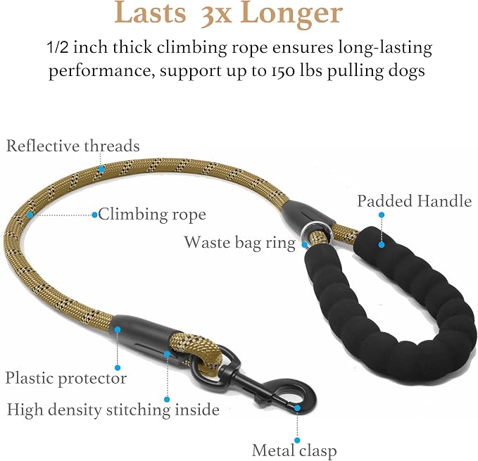 Double Dog Leash, 360° Swivel, No Tangle, Large, 25-150 lbs, Khaki | Dual Leash for Two Dogs, Split Leash, Shock-Absorbing Bungee, Padded Handle, Heavy-Duty Rope - Image 3