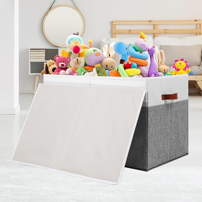 Large Toy Storage Box with Lid, Toy Chest Bin Boxes Basket with Dividers | Sturdy Toy Organizer Bin for Kids, Boys, Girls, Nursery, Living Room, Bedroom, Playroom 26"x17" x17" (Grey and White) - Image 3