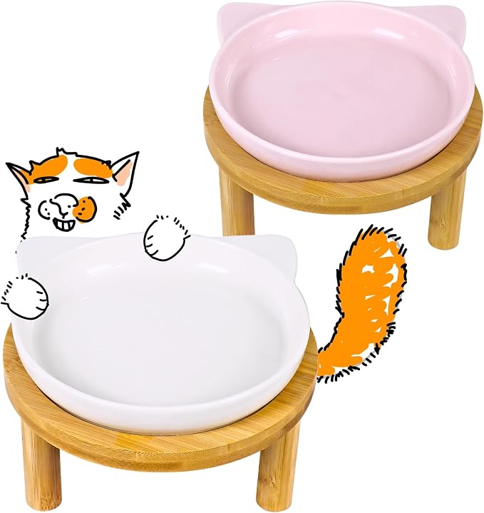 Elevated Ceramic Cat Bowls with Bamboo Stand for Cat Bowl, Whisker Friendly Shallow Cat Plate, Stable Raised Cat Food Riser for Indoor Cats (Pink+White, Plates with Stands(Set of 2)) by Tafelf