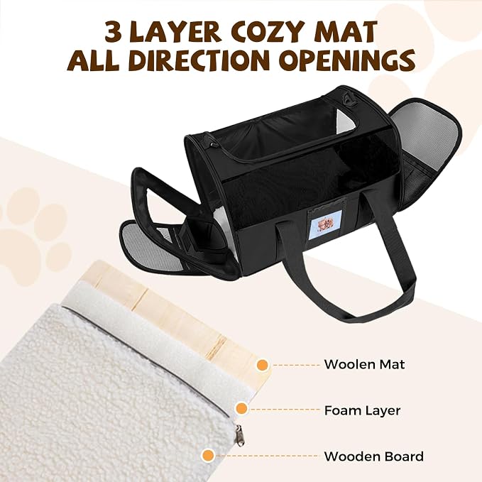 Soft Cat Carrier with Detachable Food Bowl,Pet Travel Bag (Up to 16 lbs) | Puppy Crate with Lockable Zippers,Airline Travel for Small Dog,Kitten,Animal,Breathable Mesh Kennel,Carrying Case,Black - Image 2