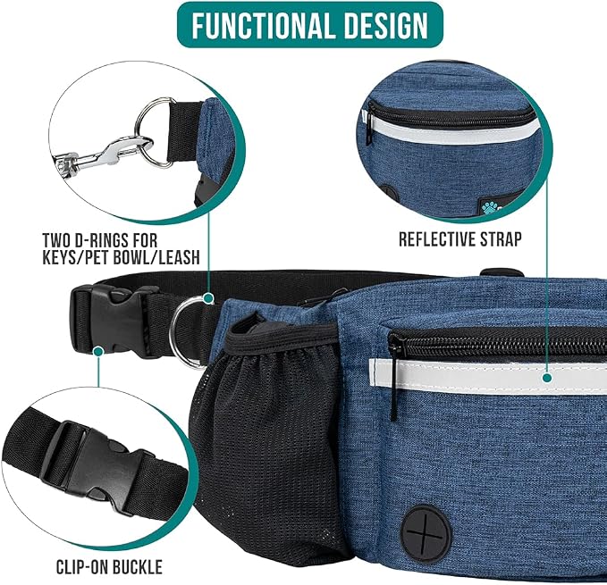 PetAmi Dog Fanny Pack, Treat Pouch for Dog Walking Training, Navy Blue | Built in Poop Bag Dispenser, Water Bottle Holder, Collapsible Bowl, Pet Treat Waist Belt for Hiking Running Kibbles - Image 4
