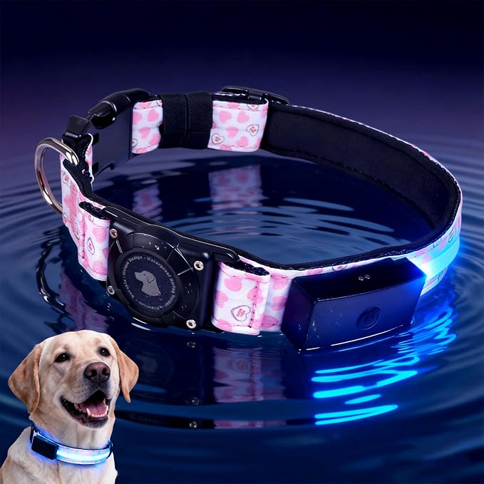 LED AirTag Dog Collar - Brightest Light Up Dog Collars, Heart M | IP68 Waterproof Air Tag Dog Collar Holder, 1,600 Feet of High Visibility, Magnetic Charging, Dog Lights for Night Walking by Unknown