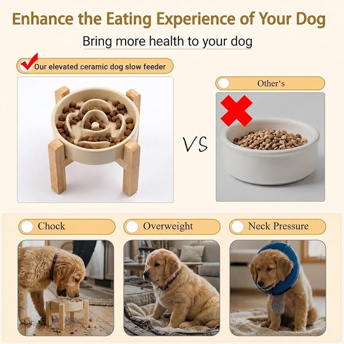 Elevated Ceramic Slow Feeder Dog Bowls Anti-Choking Slow Feeding for Small&Medium Size Anti-Slip Non-Lead & Toxic Durable Easy to Clean Maze Slow Feeder Bowl（8.26in Khaki Flower Pattern） - Image 4