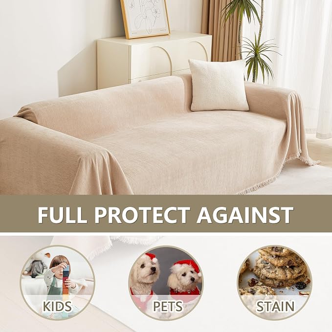 MYSKY HOME Chenille Couch Covers for Sectional Sofa, Couch Cover for Dogs, Washable Sofa Cover, Soft Furniture Protector, Sofa Covers for Futon, Loveseat, Cushion Cover with Tassel, 71"x 102", Khaki - Image 4