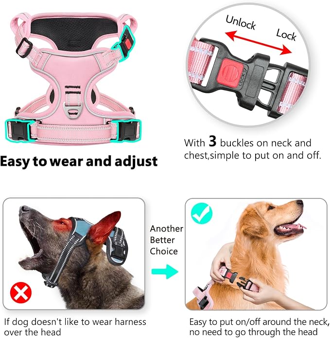 Timos Dog Harness, Front Clip No Pull Medium Sized with Handle, Pink, M | No Choke, Adjustable Reflective Soft Padded, Quick Release 3 Buckles, Easy On & Off, Front & Back 2 Clips for Outdoor Walking - Image 3