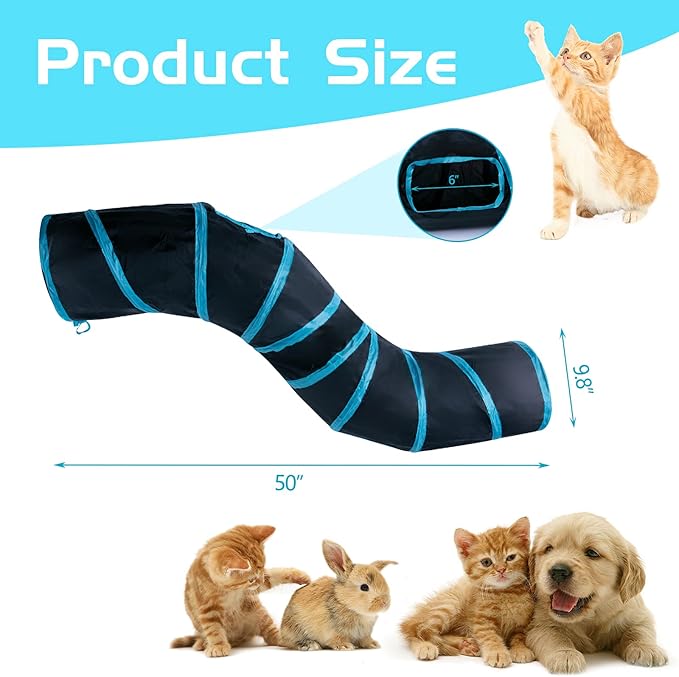 Sheldamy Cat Tunnel, S-2-Way Cat Tunnels for Indoor Cats, Collapsible Cat Play Tunnel, Interactive Toy Maze Cat House with 1 Play Ball for Cats, Puppy, Kitty, Kitten, Rabbit (Blue & Black) - Image 2