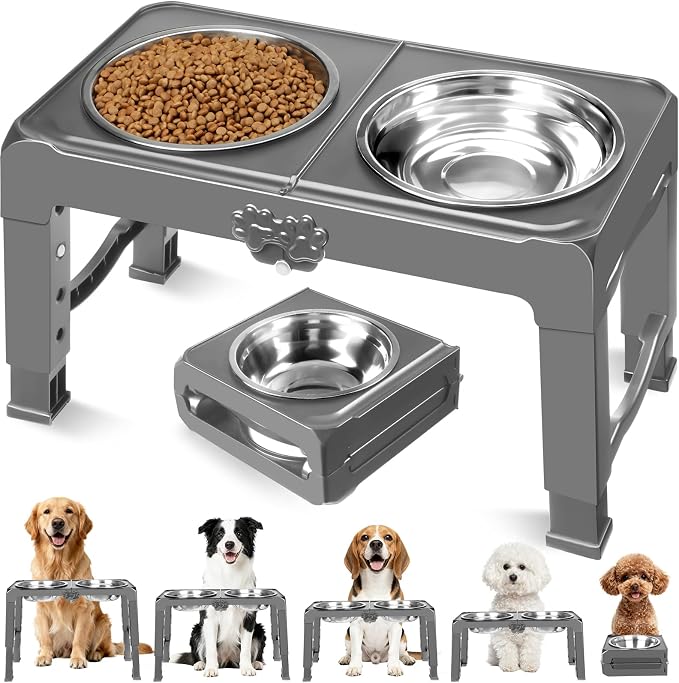 COMESOON Elevated Dog Bowls, 5 Adjustable Heights (3.9"-13.4") Raised Dogs Food Bowl Stand for Medium Large Sized Dogs, Non-Slip Foldable Travel Pet Feeder Grey with Stainless Steel Bowls by COMESOON