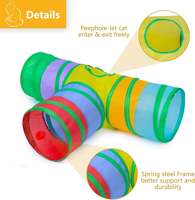 Cat Tunnel, Collapsible Tube with 1 Play Ball Kitty Toys, 3 Ways Cat Tunnels for Indoor Cats, Puppy, Kitty, Kitten, Rabbit (Rainbow) - Image 4