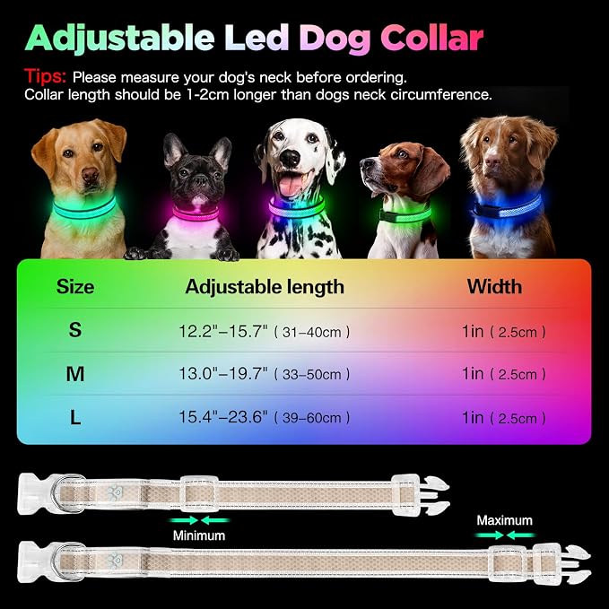 Flashseen Light up Collars for Dogs at Night, RGB 9-Mode, USB Rechargeable | Color Changing LED Lighted Dog Collar, Super Bright Adjustable Glow Collar for Night Walking (Soft Pink, Large) - Image 6