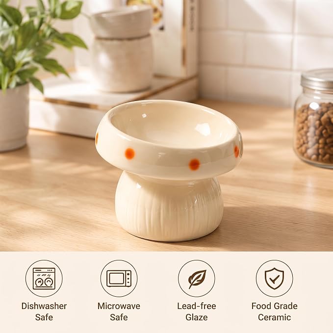 Ceramic ElevatedMushroom Feeding Cat Bowl Whisker Friendly | 15° Tilted,Wide & Shallow, Premium Ceramic - Image 7