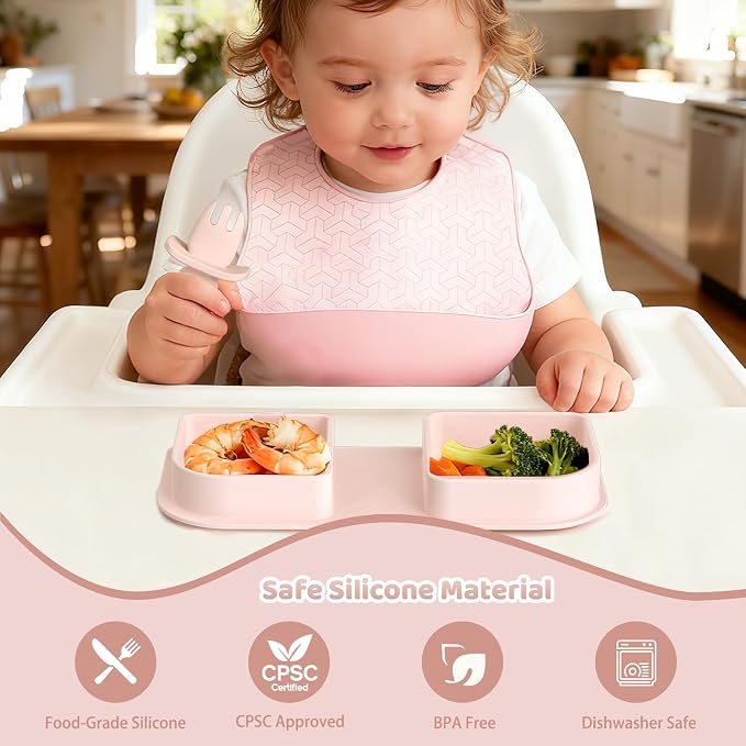Pink Silicone Foldable Baby Feeding Set, Baby Travel Essential Including Toddler Plates, Spoon&Fork, Adjustable Foldable Bib, Portable Infant Toddler Utensils - Image 4