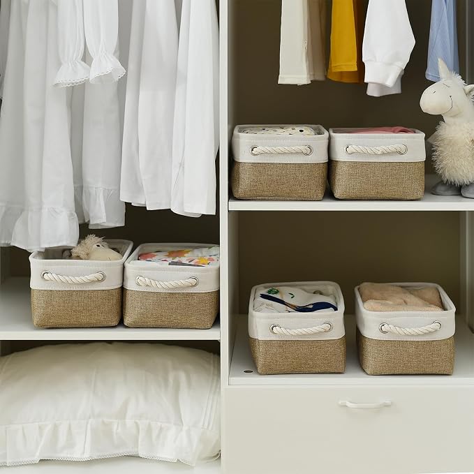 TheWarmHome Storage Basket for Organizing - 1 Pack 12x8x5.2 inch Baskets for Gifts Empty with Handles, Fabric Storage Cubes for Organizer Closet Dog Gift Cloth Toy (Whiet & Khaki) - Image 3