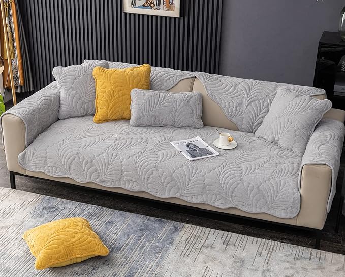 Couch Covers Plush Quilted Sofa Covers for Sectional Sofa Washable | Palm Leaves Couch Cover Chenille Non Slip Sofa Covers Soft Sofa Slipcover Furniture Protector for Pets Kids Children Dogs Cat - Image 5