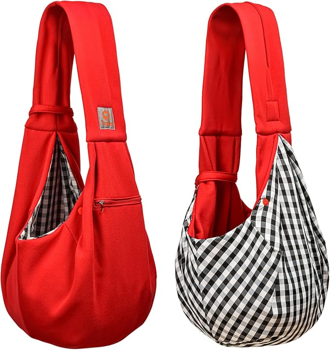 Tomkas Small Dog Cat Sling Carrier Puppy Purse Travel Wrap Soft Crossbody Pet Bag (Red, M - Zip Pocket & Classic Strap) - Image 6