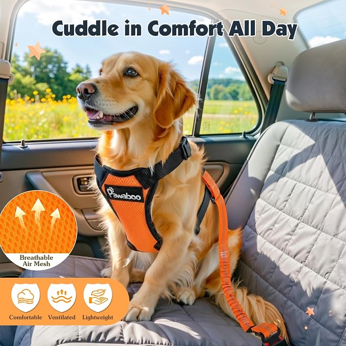Pawaboo Dog Seat Belt Harness for Car, Seatbelt Harness with 2 in 1 Buckle | Adjustable Breathable Harness for Car, Elastic Reflective Heavy Duty Dog Tether, for Small Medium Large Pets, XXL, Orange - Image 6
