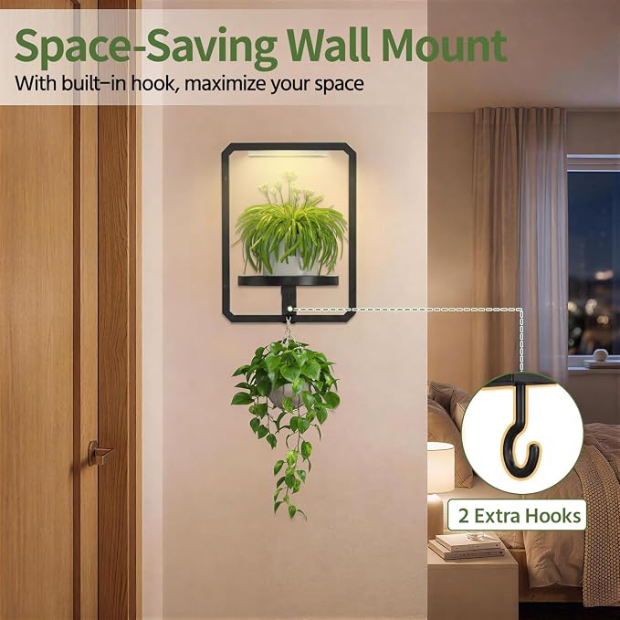 LASZOLA Plant Picture Frame Holder Shelf Wall with Lights, Black | Modern Floating Flower Hanger Indoor, Window Wall Mounted, with Hooks, Metal Planter Hanging Stand Display for Bathroom - Image 7