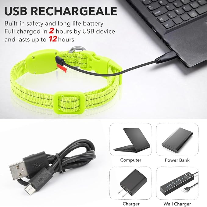 Illumifun LED Dog Collar, USB Rechargeable Light Up Dog Collar, Waterproof Nylon Glowing Safety Collar for Small Dogs Cats (Green, X-Small) - Image 4