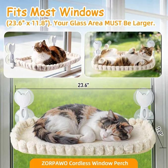 Cat Window Perch - Beige Cordless Foldable Cat Window Hammock for Large Cats, Sturdy Metal Frame Hanging Cat Bed, 40 lbs Capacity - Image 6