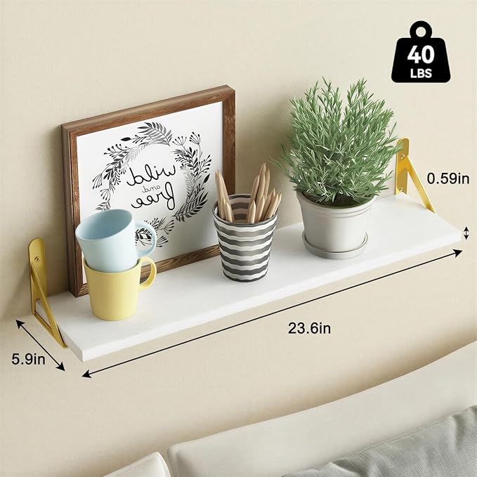 YGEOMER 23.6in Floating Shelves for Wall Home Decor, Wood, White, Set of 6 | Rustic wood shelves with metal brackets. Space-saving for books & decor. Works in bathroom, kitchen, living room & bedroom. - Image 3