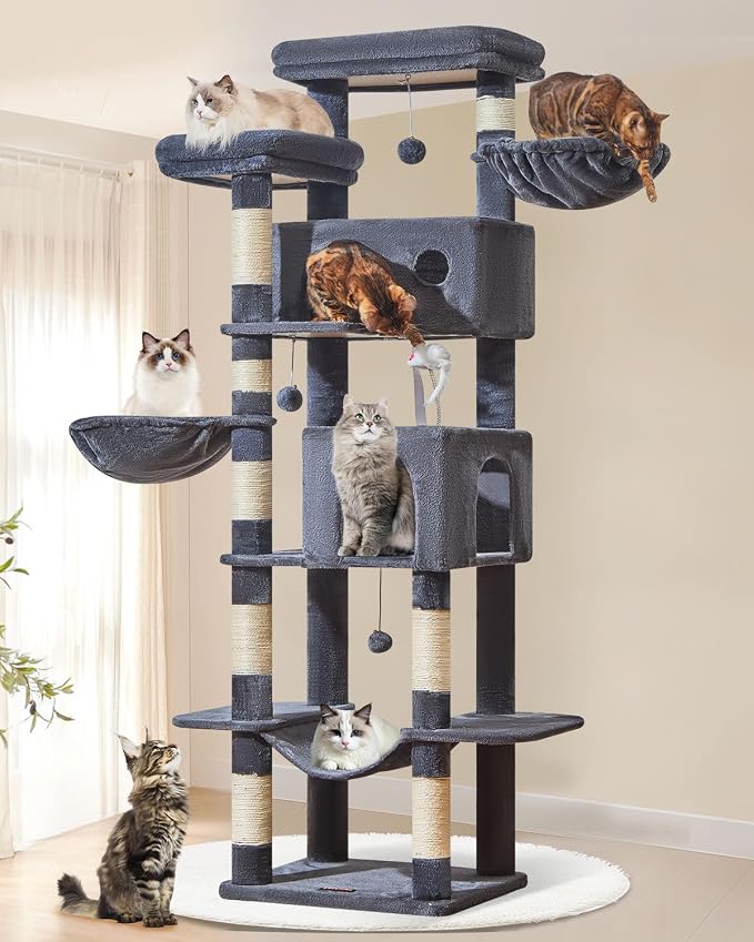 Taoqimiao 76in Cat Tree, Tall Sturdy Cat Tower for Large Indoor Cats MS046G | Easy assembly, Sturdy, Multi Level, Easy Clean, Cozy Condo, Perches, Baskets, Suitable for Kittens and Adult Cats by Taoqimiao