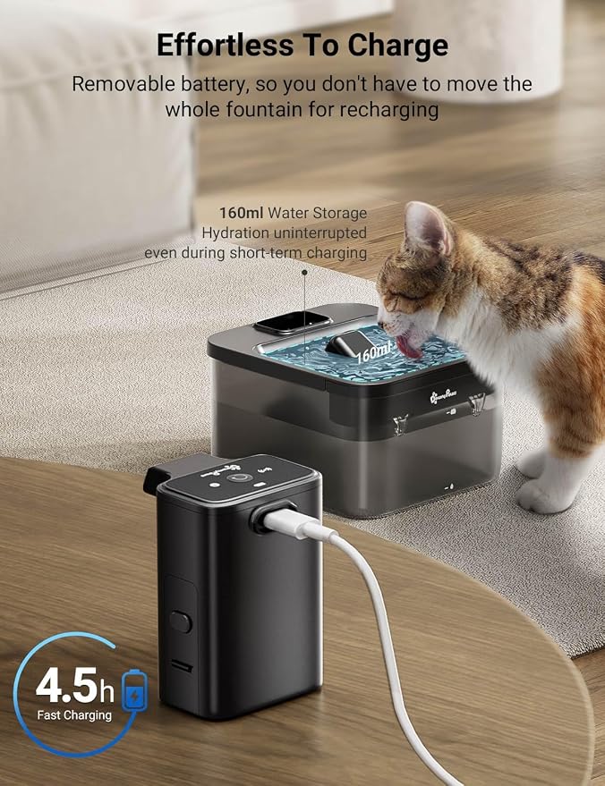 DownyPaws Cat Water Fountain Cordless, Pet Fountain, 84oz/2.5L, Black | Wireless Cat Drinking Water Fountains for Cats Indoor, Fursink , Battery Operated, Motion Sensor, Ultra Quiet Pump, BPA-Free - Image 7