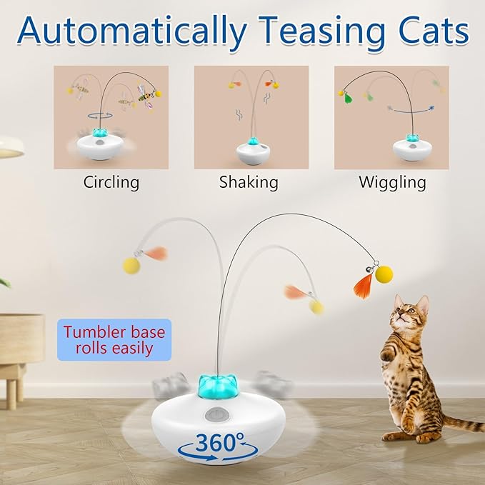 Oxawo Interactive Cat Toys Indoor Cats Toy Automatic Moving Feather Wand | Flying Feather Wobble Base Rechargeable Cat Toy, Extra Long Feather Wand Spin Cat Game & DIY Tails On - Image 3