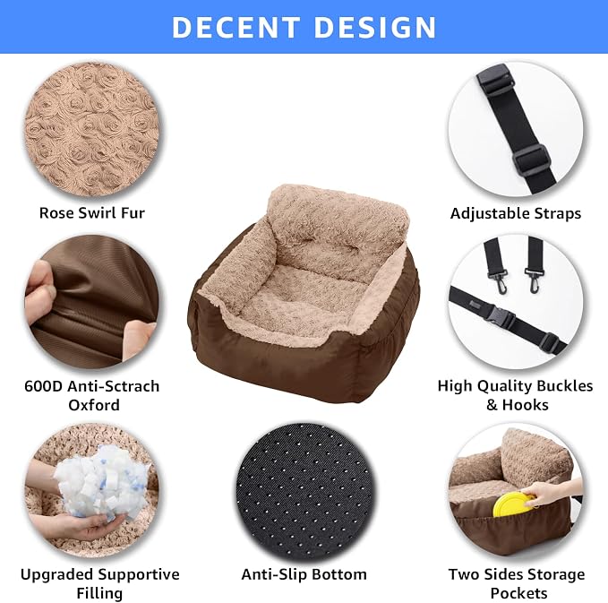 Oiilores Dog Car Seat for Small Dogs, Washable Pet Booster Seats with Clip-On Safety Leash, Comfy Deluxe Plush Carseat with Storage Pockets, Puppy Car Travel Carrier Bed for Dogs Under 25 lbs, Brown - Image 3