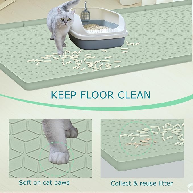 Cat Litter Mat, Silicone Large Cat Mat for Litter Box - 34x22 in, Waterproof & Non-Slip, Durable & Easy Clean, Green - Image 2