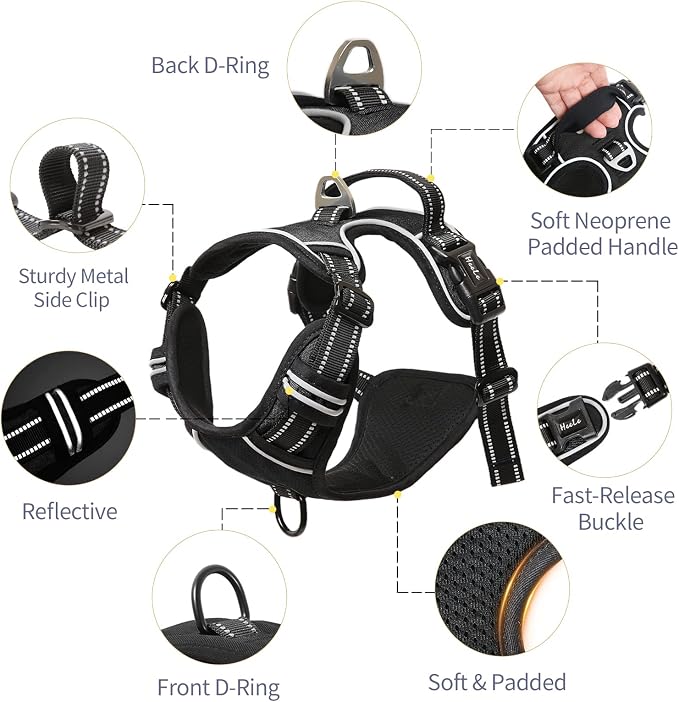 HEELE Dog Harness Dog Harness Small Dog No Pull Harness with Soft Handle Reflective Harness Adjustable, Black, S | Soft Breathable Padded Pet Vest, No Pull No Choke, Adjustable 2 Metal Rings for Outdoor Walking Training - Image 2