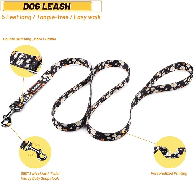 Dog Harness Leash Set Adjustable Heavy Duty No Pull Halter Harnesses for Small Medium Large Breed Dogs Back Clip Anti-Twist Perfect for Walking (M(19"-26" Chest Girth), White Daisy) - Image 4
