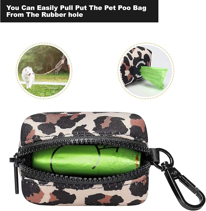 Petmolico Dog Poop Bag Holder Dispenser 2 Pack, Leopard | Zippered pouch fits any leash, includes free roll of bags, lightweight & portable for daily walks, travel & outdoor use - Image 2