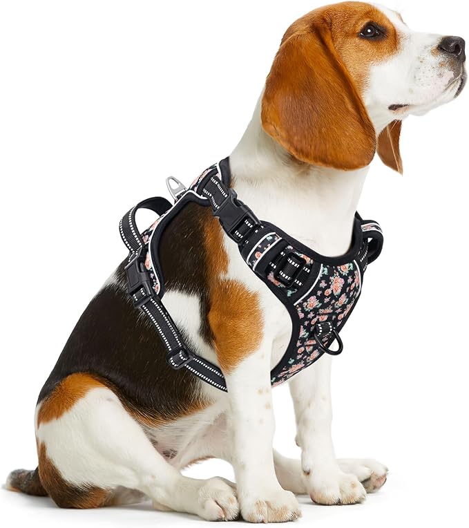 Timos Dog Harness Medium Sized, Quick Release 3 Buckles, Black Rose, M | Reflective No Pull No Choke, Easy On & Off, Adjustable Soft Padded, Front & Back 2 Clips and Control Handle for Walking - Image 6