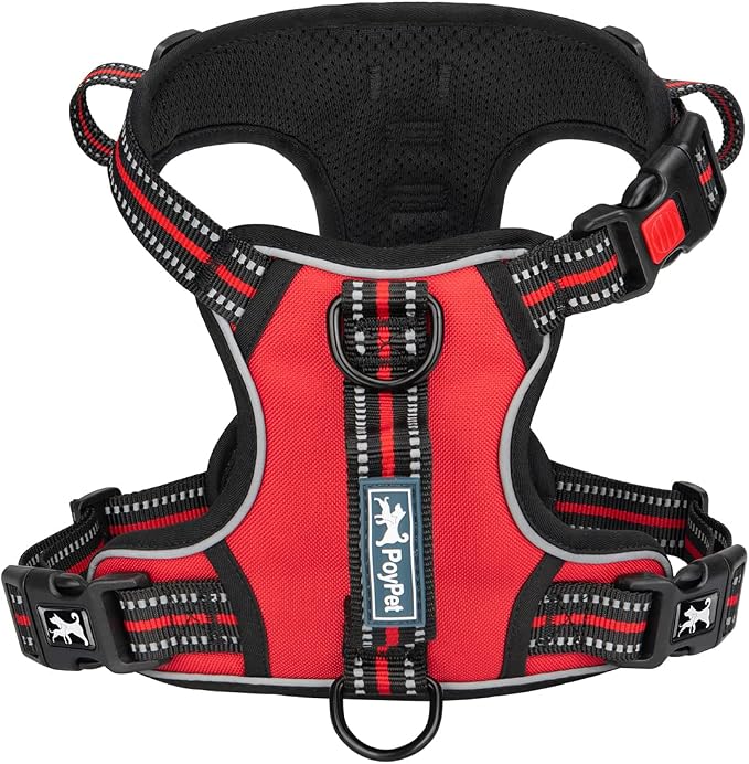 PoyPet No Pull Dog Harness with 3 Leash Clips and Vertical Handle | No Choke, Reflective, Adjustable, Soft Padded, Dog Vest for Medium Dogs, Walking Training, Red, M by PoyPet